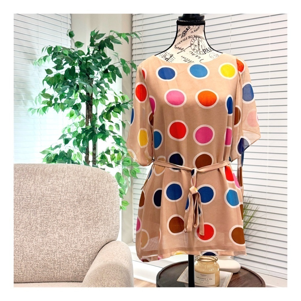 Joy Joy Women's Polka Dot Twist-Front Pleated Dress. Multi-Color. Medium - Picture 7 of 11